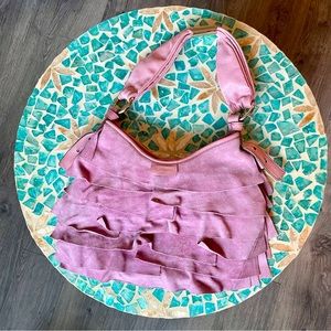 💃🏼YSL Pink suede ruffle purse w leather handles. Y2K! Yves Saint Laurent